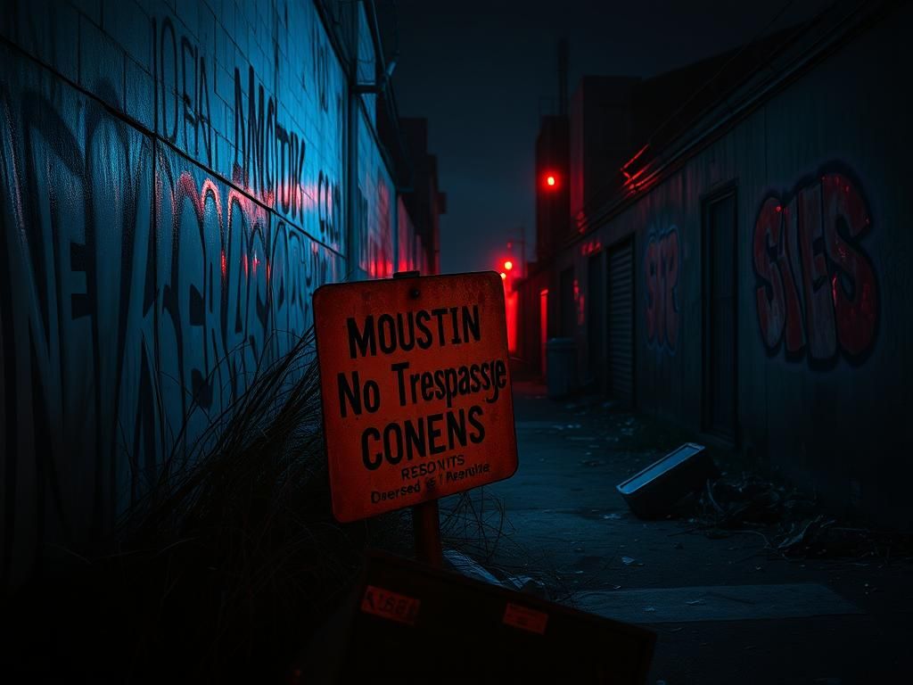 Flick International Dimly lit urban alleyway in Houston with graffiti and abandoned sign symbolizing illegal activity