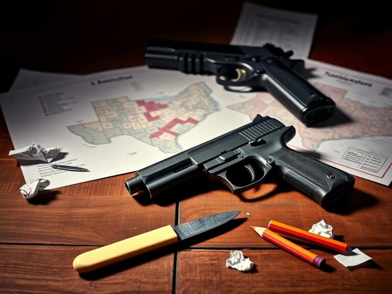 Flick International A butter knife placed on a wooden table next to a gun, symbolizing the Democratic Party's struggle against Republican gerrymandering in Texas.