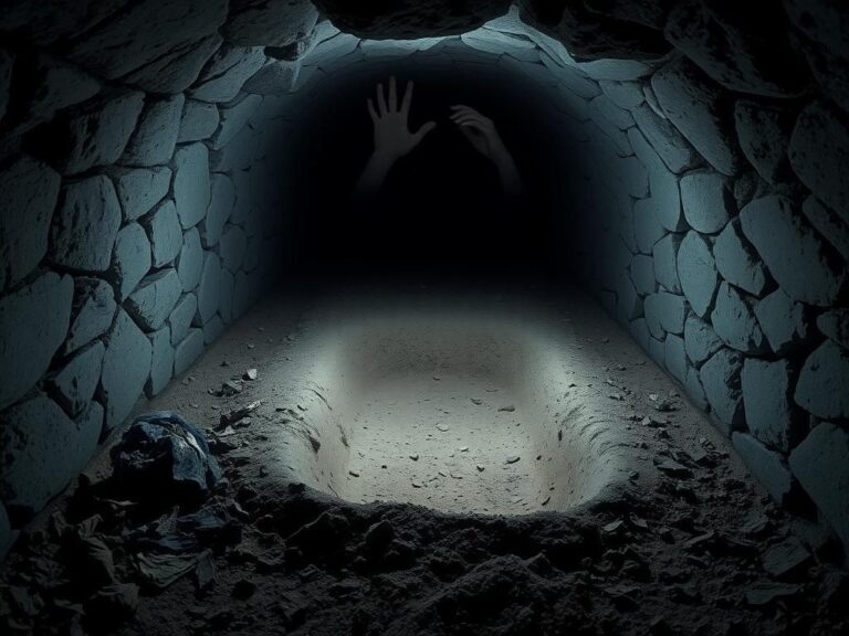 Flick International Dimly lit underground tunnel with an empty grave symbolizing despair and suffering