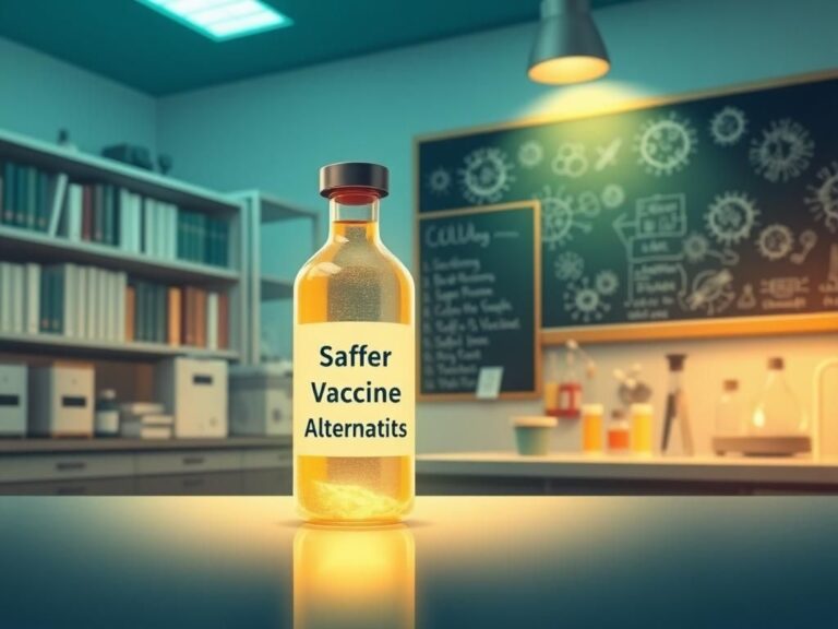 Flick International Conceptual illustration of a research laboratory showcasing a glowing vial marked 'Safer Vaccine Alternatives' on a lab table surrounded by scientific texts and virus sketches.