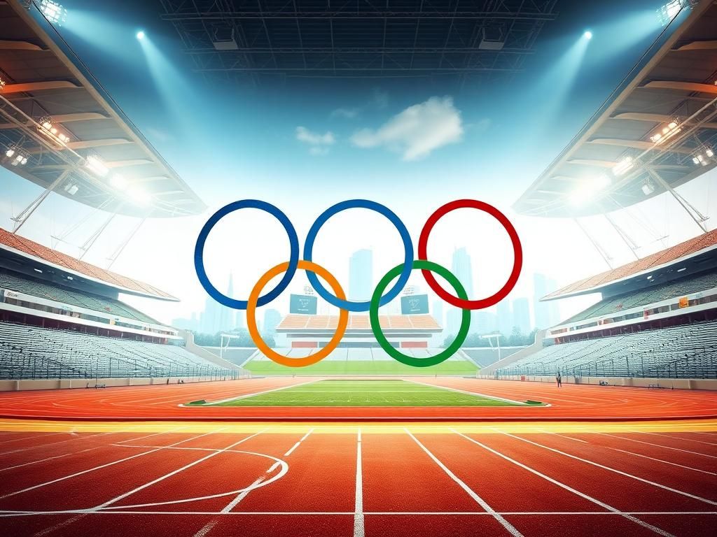 Flick International Illuminated Olympic stadium showcasing a track and field area with DNA strands and Olympic rings symbolizing gender testing.