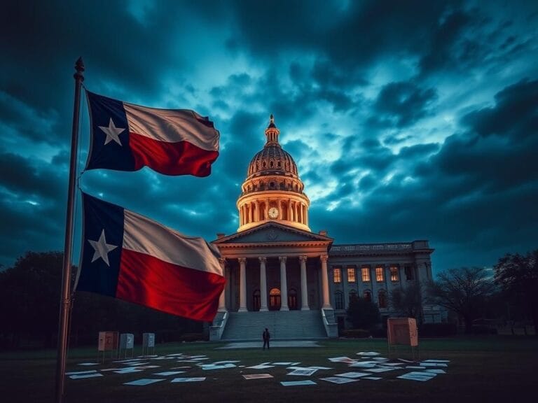 Flick International A dramatic view of the Texas State Capitol building at dusk, surrounded by ominous clouds and a fluttering Texas flag.