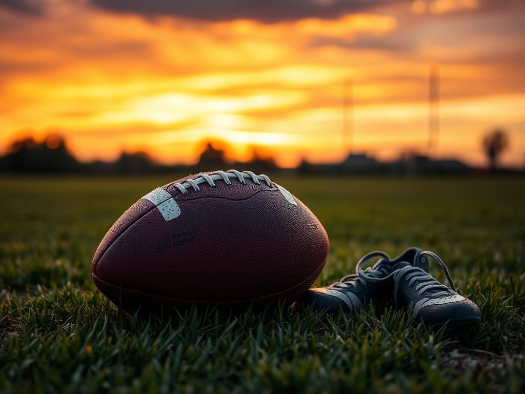 Flick International A well-worn football resting on a grassy field at sunset, symbolizing resilience and hope