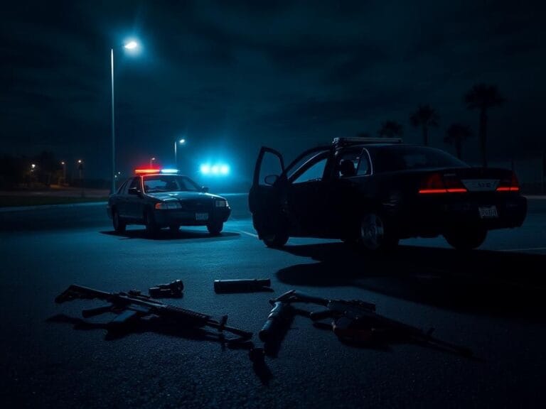 Flick International Dark night scene showing an empty parking lot with police car and firearms
