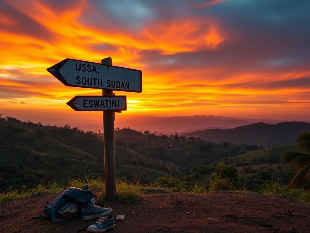 Flick International Dramatic landscape of Rwanda with a weathered signpost depicting deportation routes