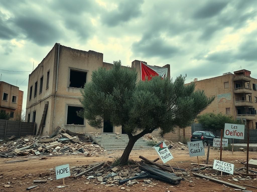 Flick International a dilapidated building in Gaza with crumbling walls and shattered windows, symbolizing the ongoing conflict