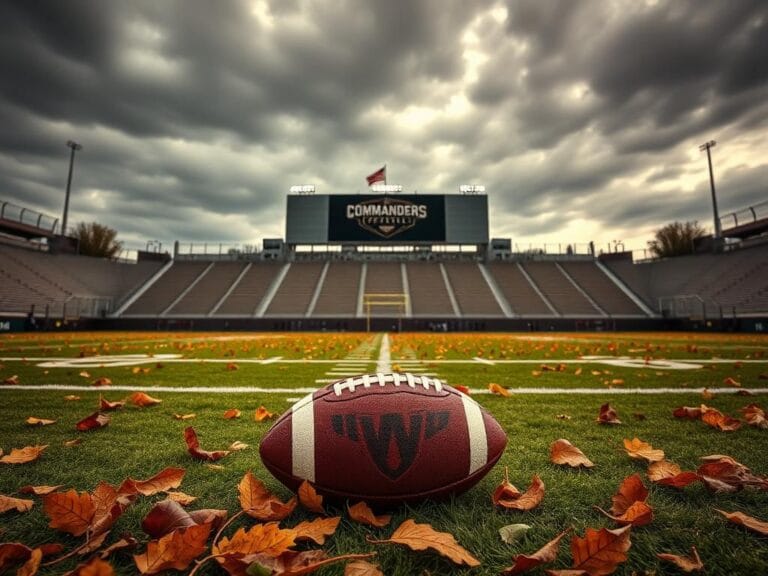 Flick International A dramatic image of a football field under a cloudy sky, showcasing an empty end zone with a Washington Commanders logo and a discarded football on the ground