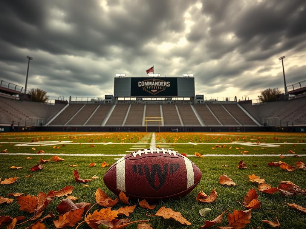 Flick International A dramatic image of a football field under a cloudy sky, showcasing an empty end zone with a Washington Commanders logo and a discarded football on the ground