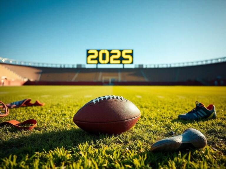 Flick International A dramatic football field under a clear blue sky with a football resting on the grass, symbolizing anticipation for the NFL season.