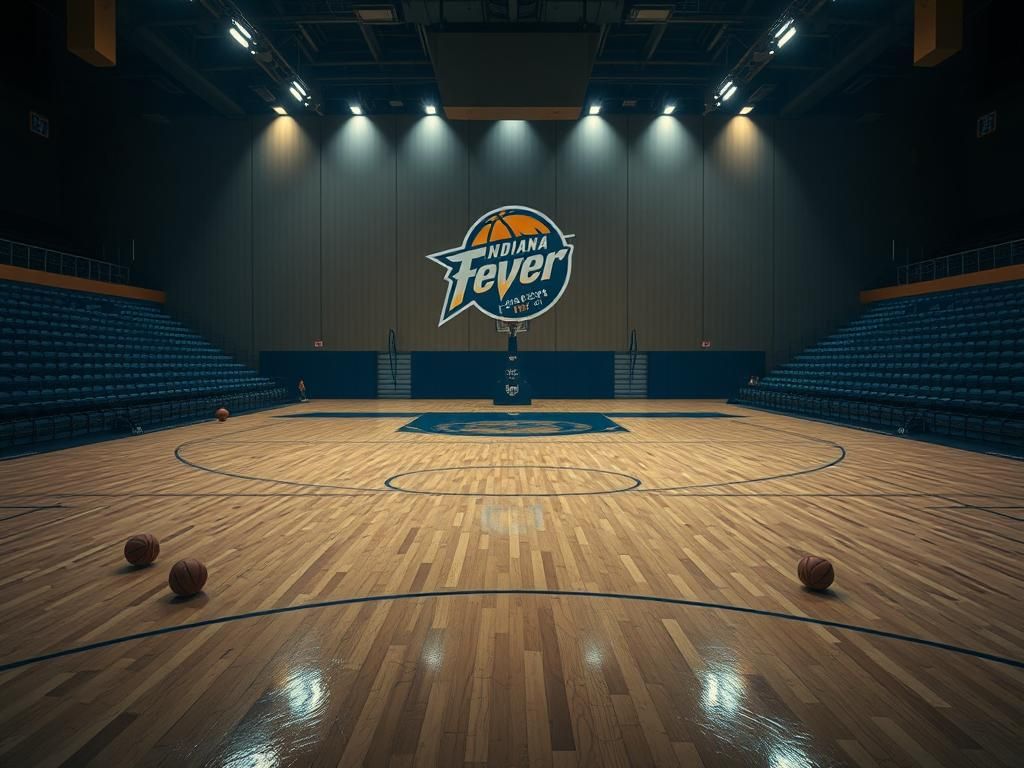 Flick International An empty basketball court with scuffed wooden floors and Indiana Fever logo, reflecting a tense atmosphere after DeWanna Bonner's exit.