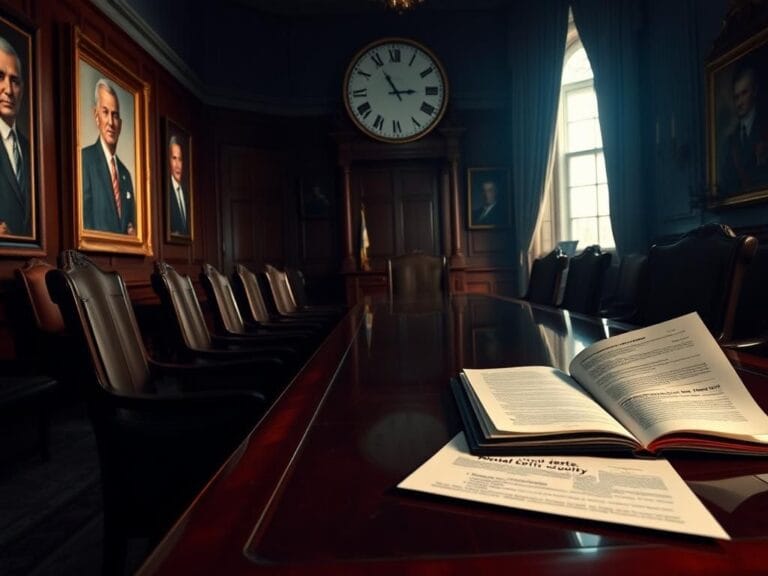 Flick International A somber room with a polished wooden table and empty high-backed chairs representing political discussions