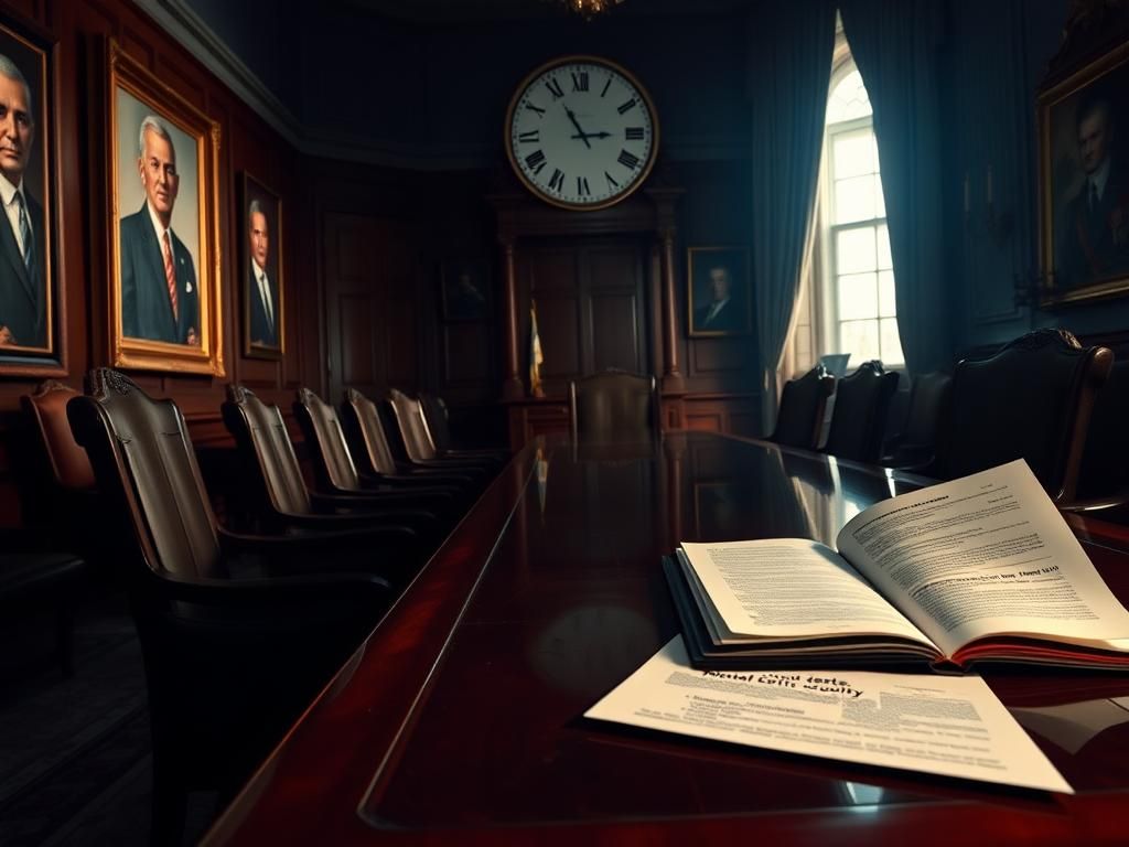 Flick International A somber room with a polished wooden table and empty high-backed chairs representing political discussions