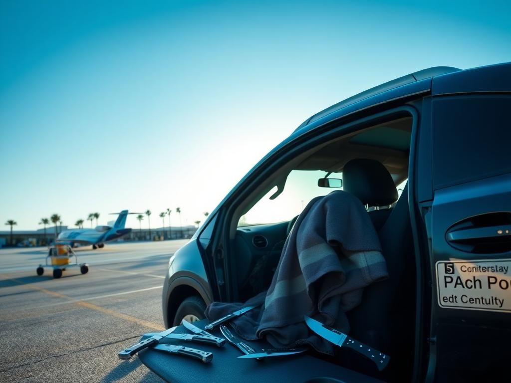 Flick International Dark-colored rental vehicle parked in restricted area at Palm Beach airport with AR-15 magazine visible