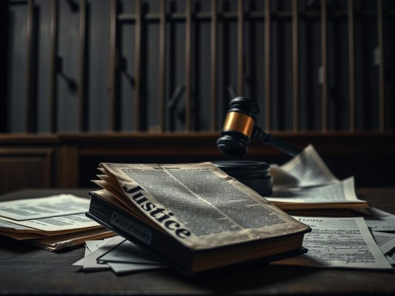 Flick International A somber courtroom with a gavel and an open book titled 'Justice'