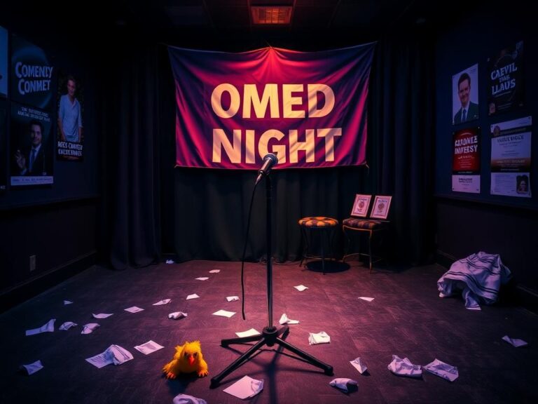 Flick International Dimly lit comedy club stage with empty microphone and colorful rubber chicken