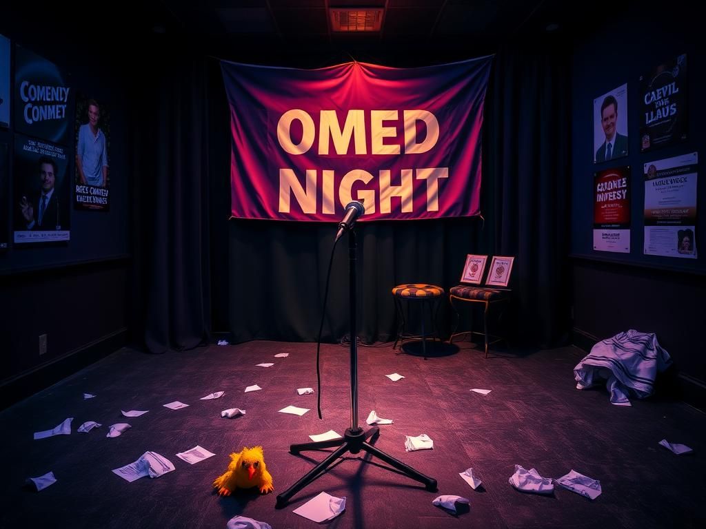 Flick International Dimly lit comedy club stage with empty microphone and colorful rubber chicken