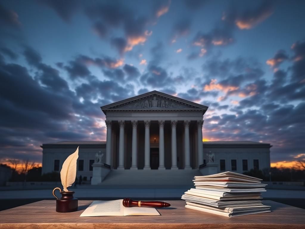 Flick International A majestic view of the Supreme Court building against a twilight sky with historical presidential seals in the background
