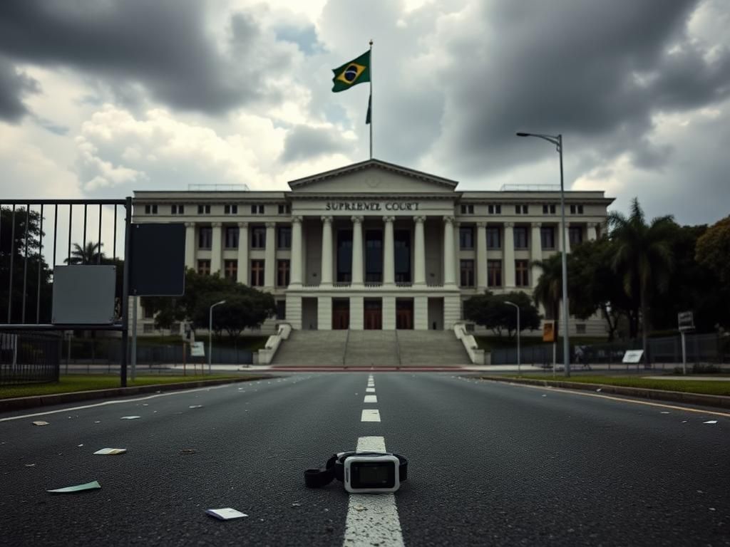Flick International Brazilian Supreme Court building with flag and empty street symbolizing political tension