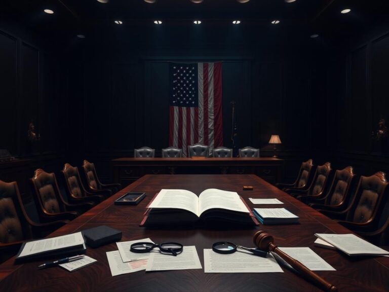 Flick International Dark courtroom scene featuring a grand jury table surrounded by empty chairs