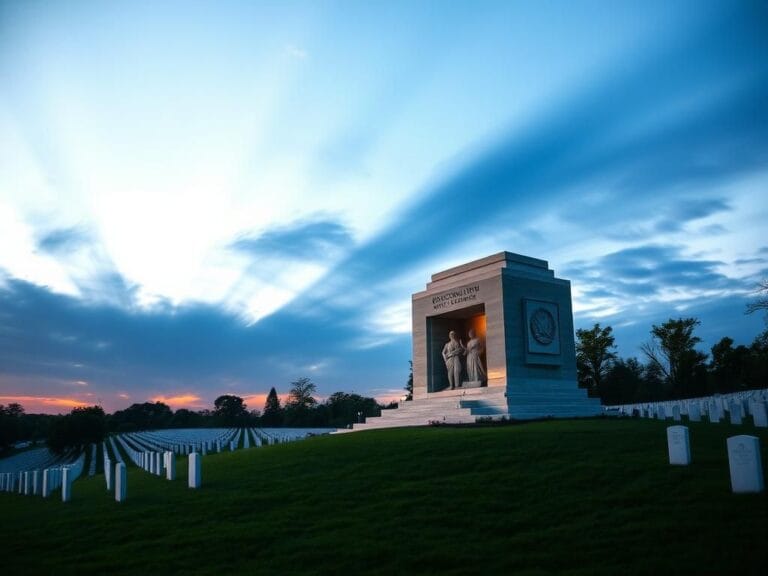 Flick International A serene dusk view of the Reconciliation Monument at Arlington National Cemetery with lush grass and trees