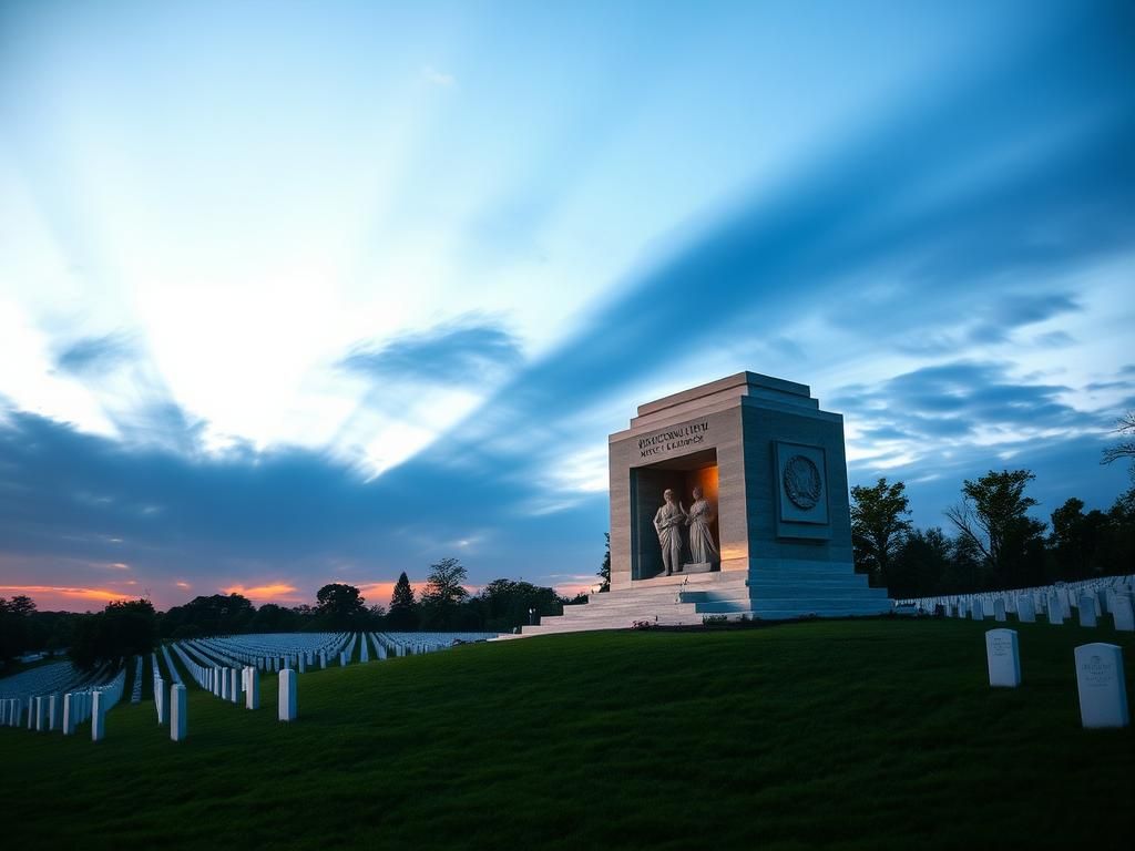 Flick International A serene dusk view of the Reconciliation Monument at Arlington National Cemetery with lush grass and trees