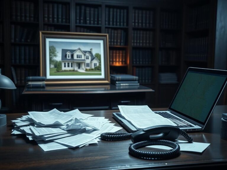 Flick International A dark office with mortgage documents and a laptop representing financial scrutiny