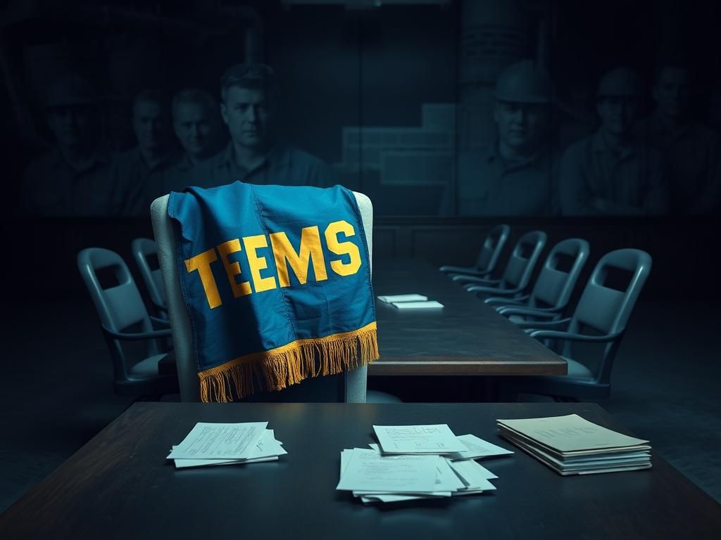 Flick International A dimly lit union hall with an empty table and unoccupied chairs, representing alienation