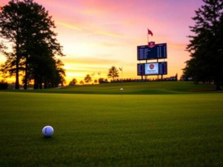 Flick International Serene twilight golf course scene with lush fairway and distant scoreboard