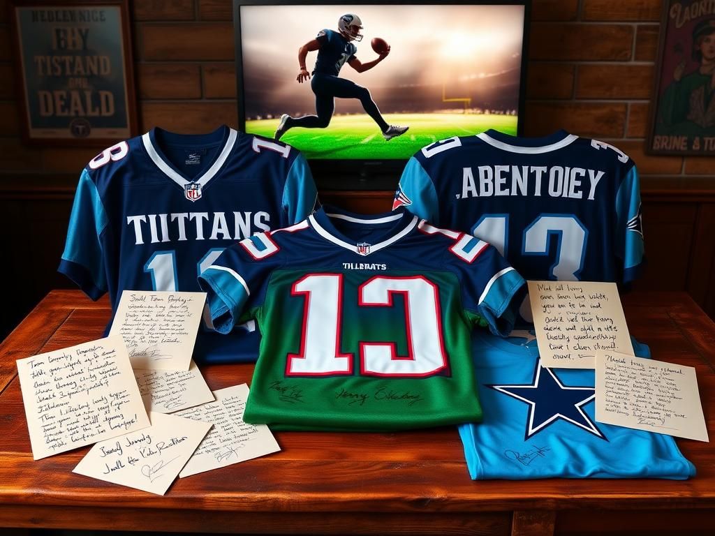 Flick International Collection of NFL jerseys with signatures on a rustic wooden table