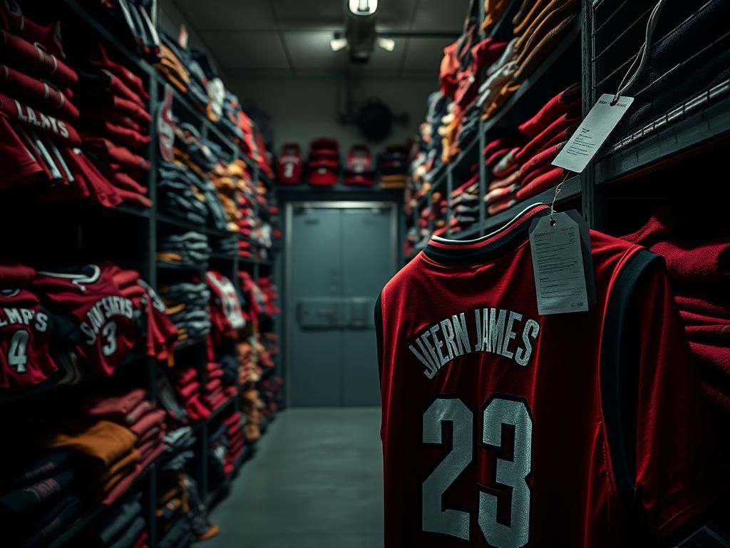 Flick International A dimly lit storage room filled with game-worn jerseys including a Miami Heat jersey featuring LeBron James