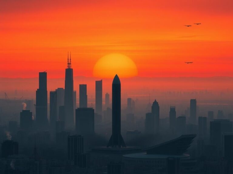 Flick International Abstract representation of a nuclear missile silo silhouetted against an urban skyline in East Asia