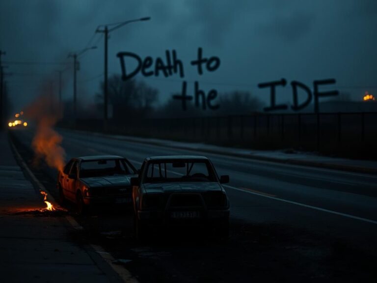 Flick International Charred vehicles and graffiti at a crime scene in Clayton, Missouri