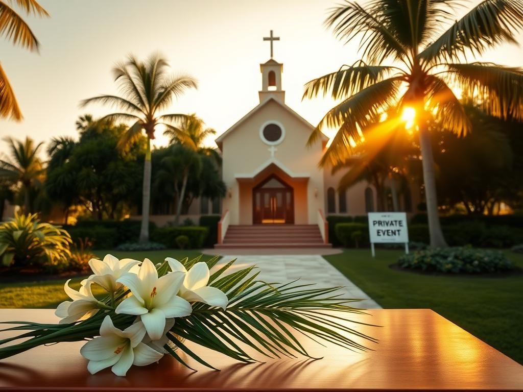 Flick International Serene outdoor scene of Indian Rocks Church during sunset with floral arrangements