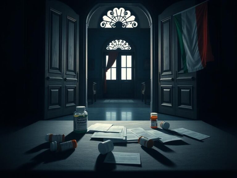 Flick International A somber scene of an Italian government building with medical documents related to gender transition treatment for minors