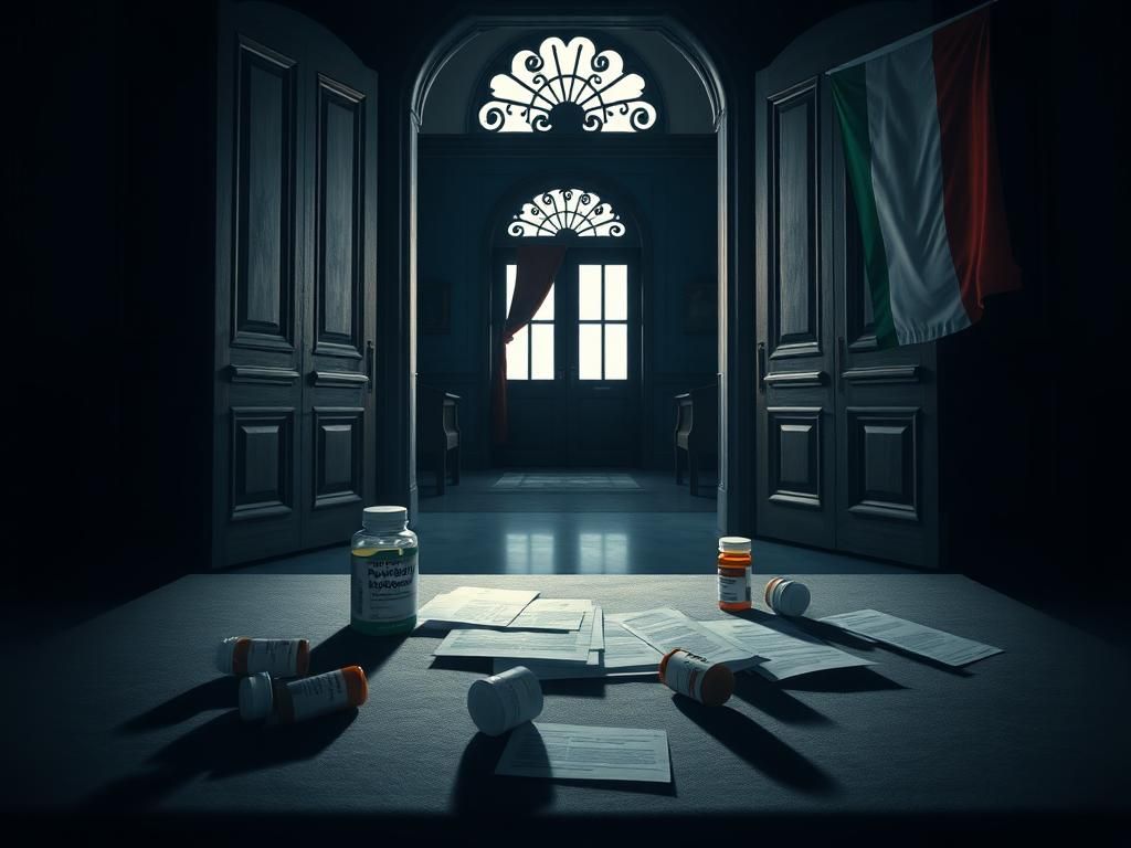 Flick International A somber scene of an Italian government building with medical documents related to gender transition treatment for minors