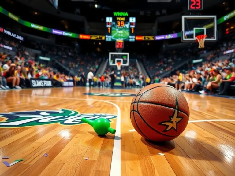 Flick International Vibrant basketball court scene showcasing a green sex toy on the hardwood floor during a WNBA game.