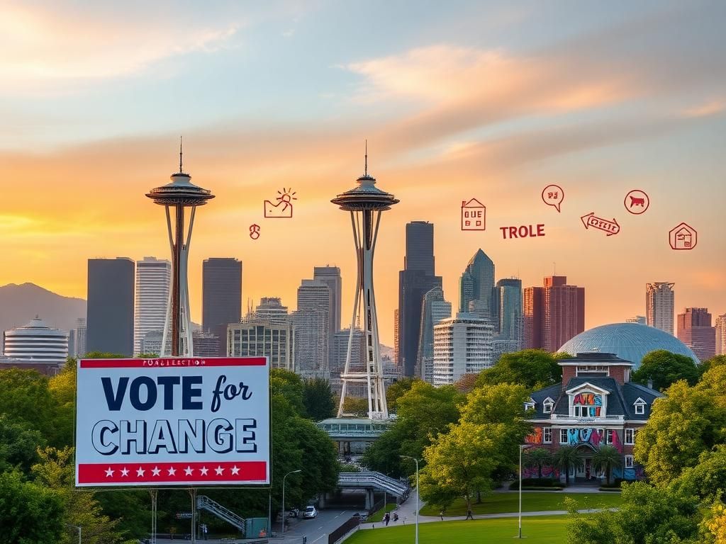 Flick International Vibrant urban landscape of Seattle with campaign sign promoting change