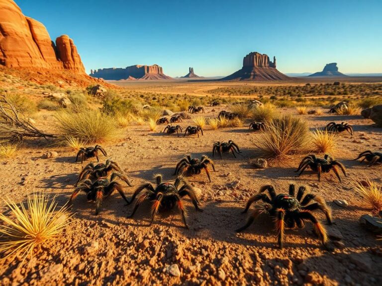 Flick International A close-up of tarantulas actively moving across a rugged Southwestern landscape during their mating season.