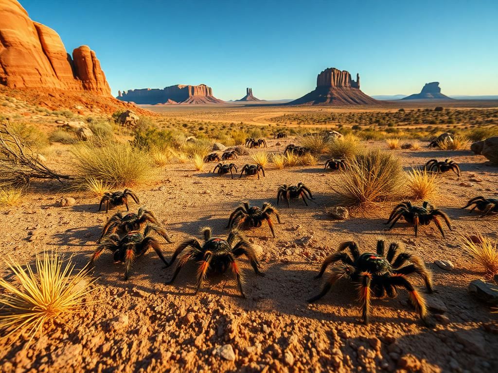 Flick International A close-up of tarantulas actively moving across a rugged Southwestern landscape during their mating season.