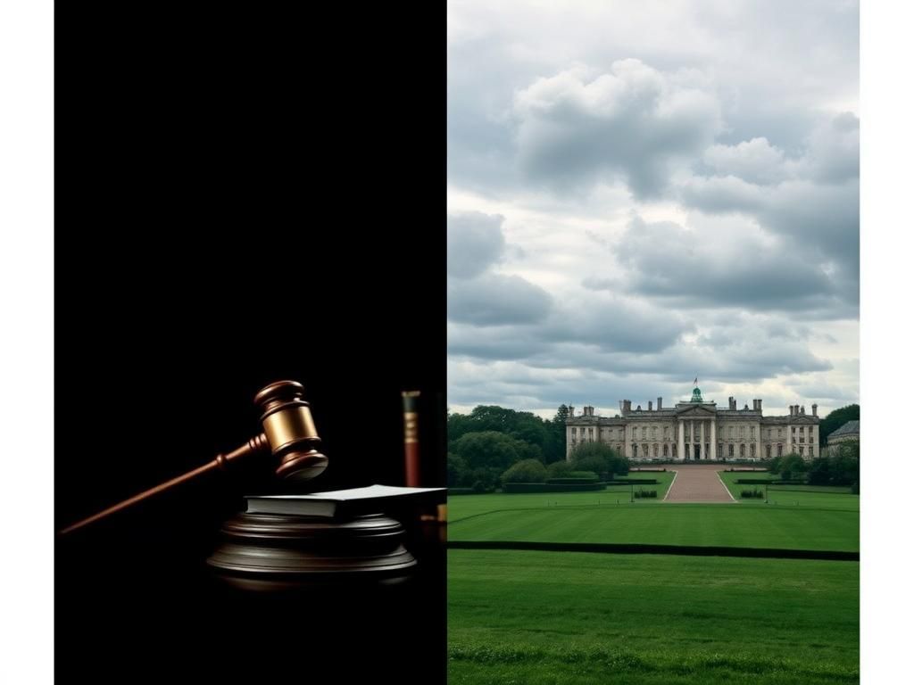 Flick International Dimly lit courtroom with gavel and law books juxtaposed with a serene royal palace landscape