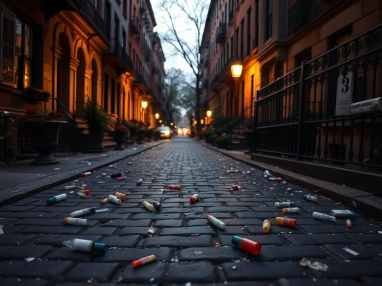 Flick International Narrow cobblestone street in Boston's Beacon Hill neighborhood with drug paraphernalia amidst elegant brownstone buildings