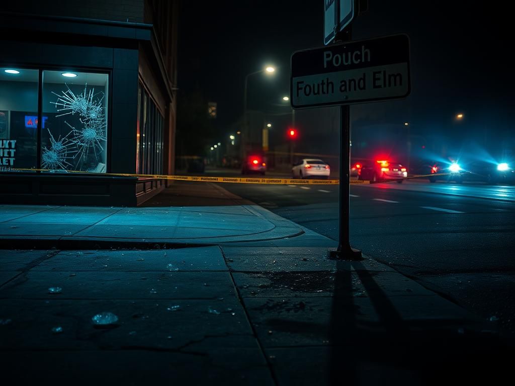 Flick International Dark urban street corner in downtown Cincinnati showing shattered glass and debris after a violent altercation