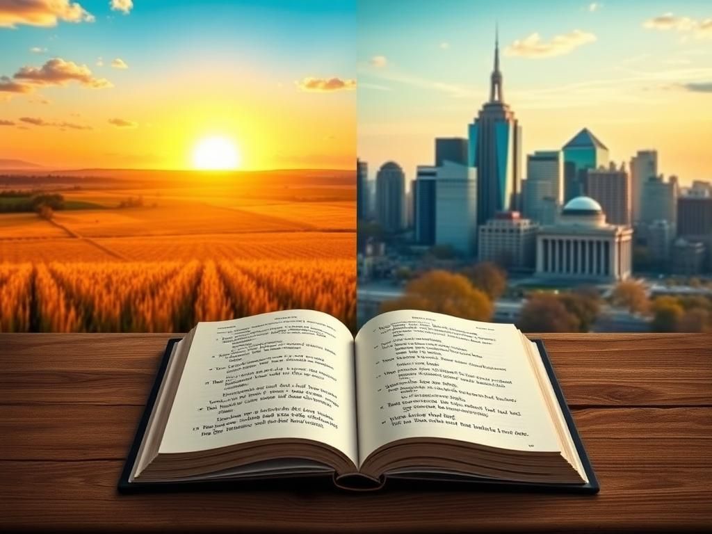 Flick International A split view of a rural landscape with vast fields and a rising sun on one side, contrasted with an urban cityscape featuring modern buildings on the other.