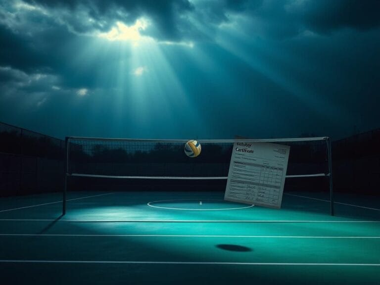 Flick International An empty volleyball court with a prominent net and a ball suspended in mid-air, symbolizing uncertainty in women's sports.