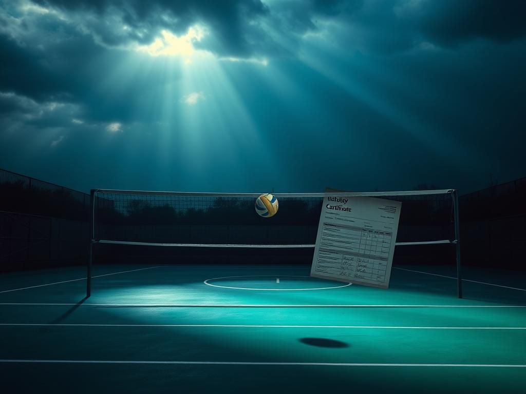 Flick International An empty volleyball court with a prominent net and a ball suspended in mid-air, symbolizing uncertainty in women's sports.