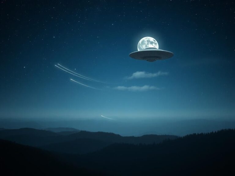 Flick International Serene night sky with stars and a glowing full moon over a tranquil landscape and a UFO in the distance