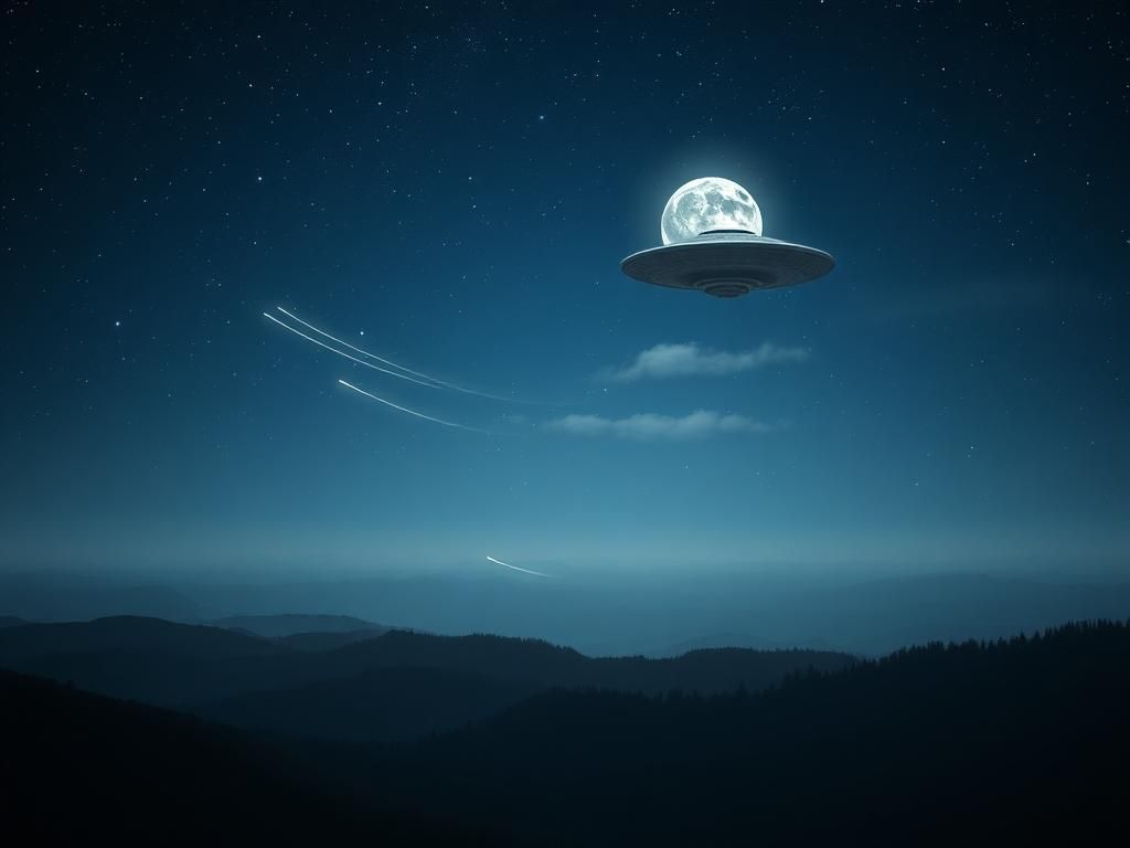 Flick International Serene night sky with stars and a glowing full moon over a tranquil landscape and a UFO in the distance