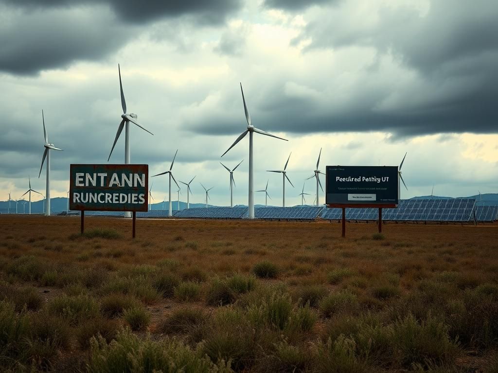 Flick International Barren landscape with abandoned wind turbines and solar panels under a cloudy sky