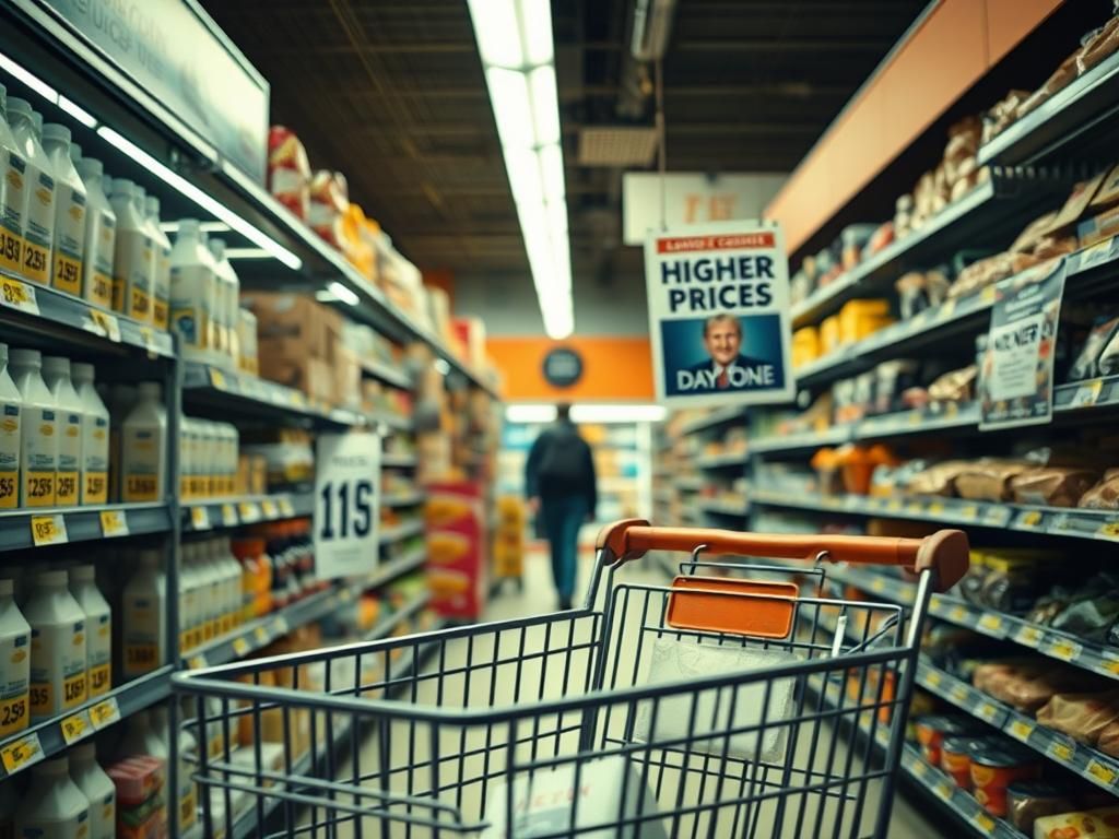 Flick International A bustling grocery store aisle showing significant price increases on essential goods