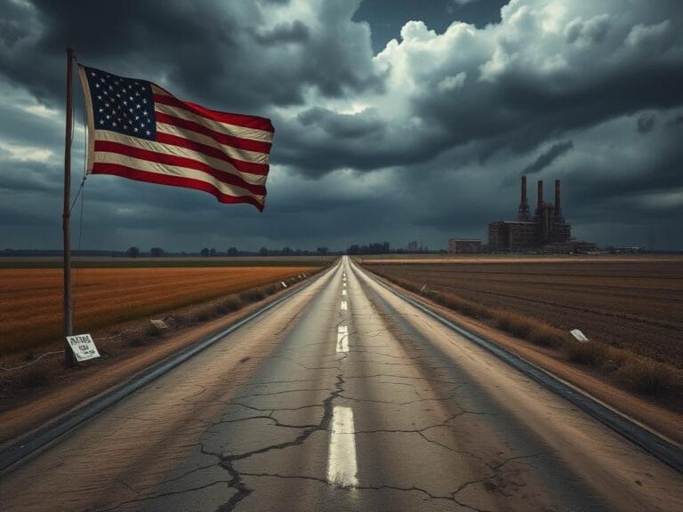 Flick International A cracked dystopian road under a stormy sky, symbolizing division in America with a half-mast flag and signs of economic distress.